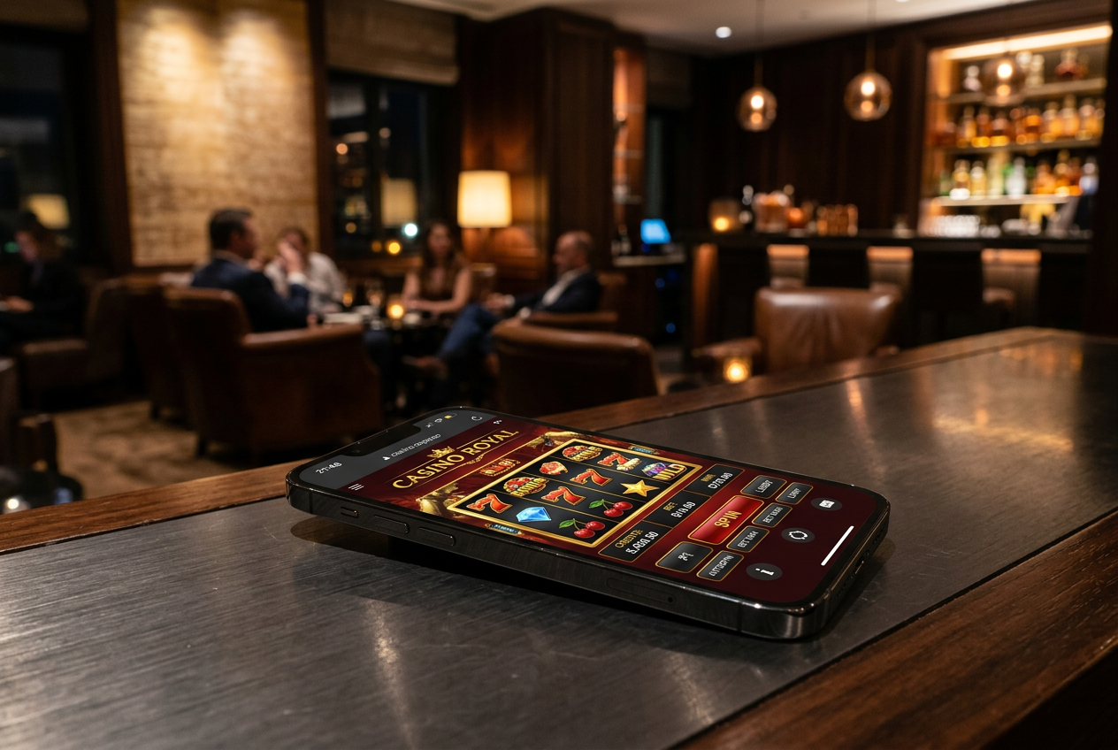 A smartphone showing a casino interface next to a coffee cup on a dark table.