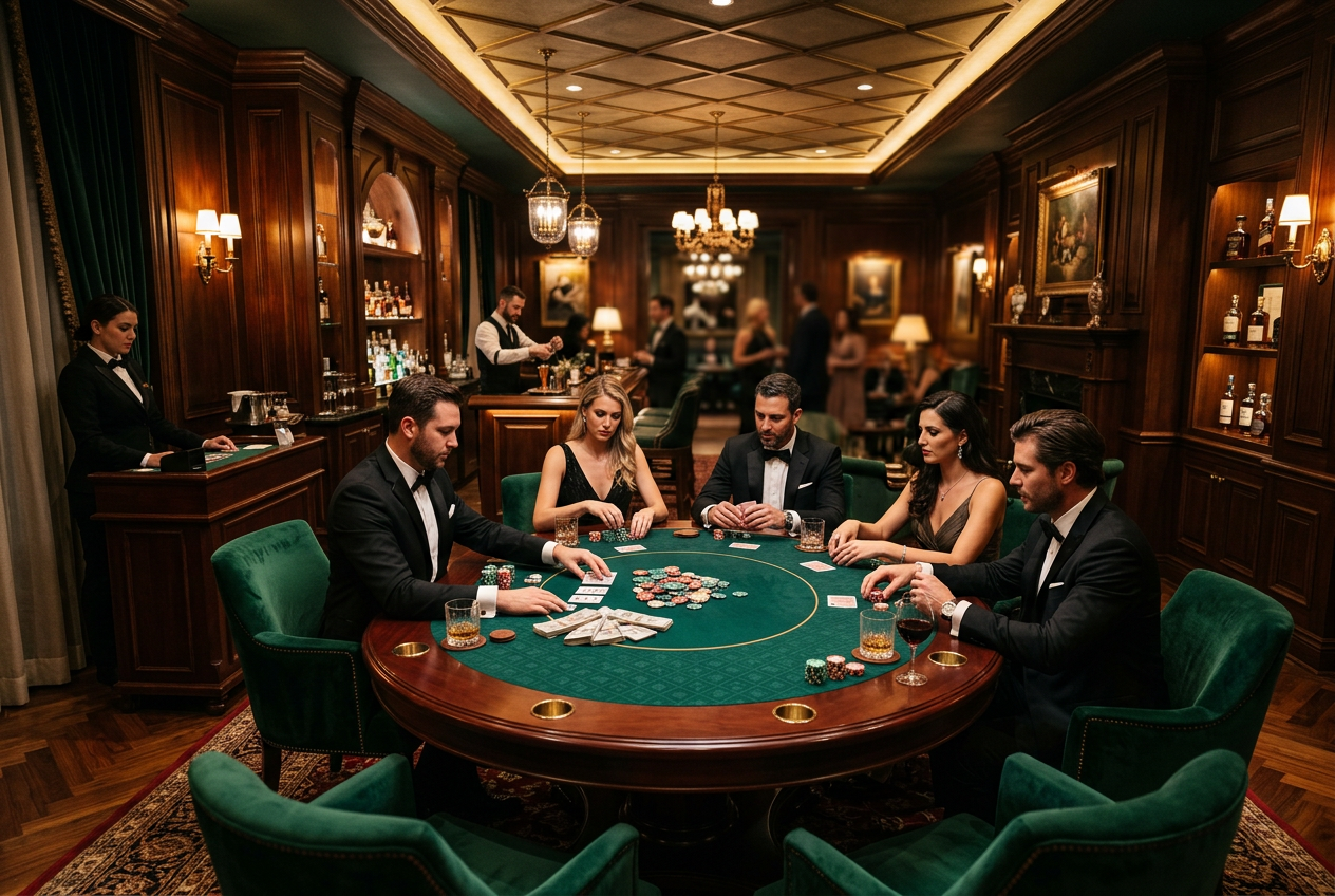 A luxurious and exclusive high-stakes casino lounge setting.