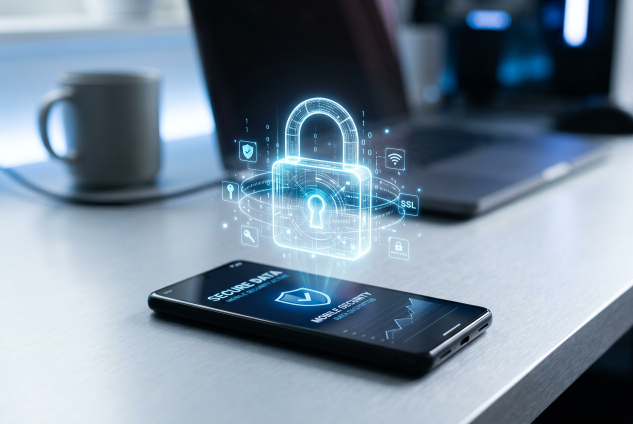 A digital security padlock icon appearing over a smartphone screen to represent safe mobile transactions.