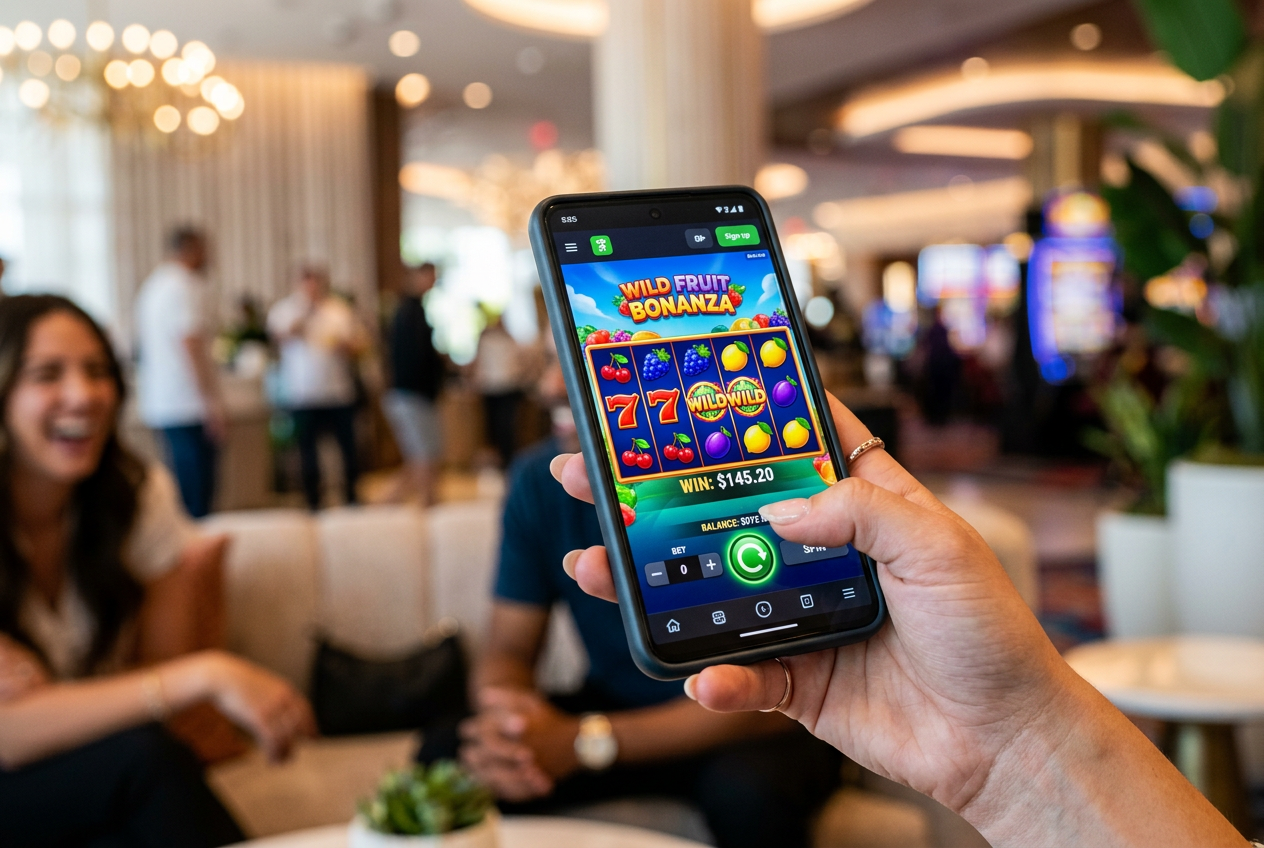 A person holding a high-end smartphone playing a colorful casino slot game.
