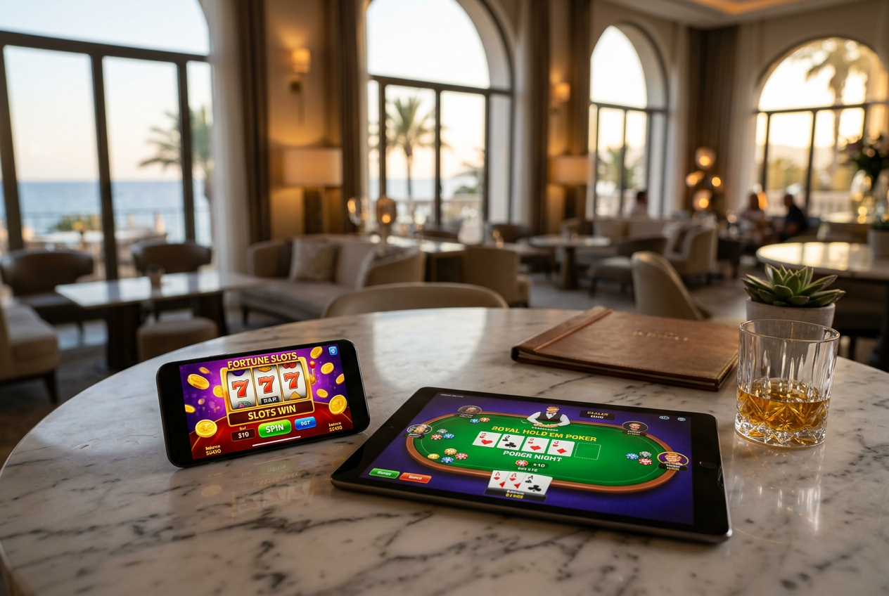 High-end tablet showing online casino games in a luxury setting